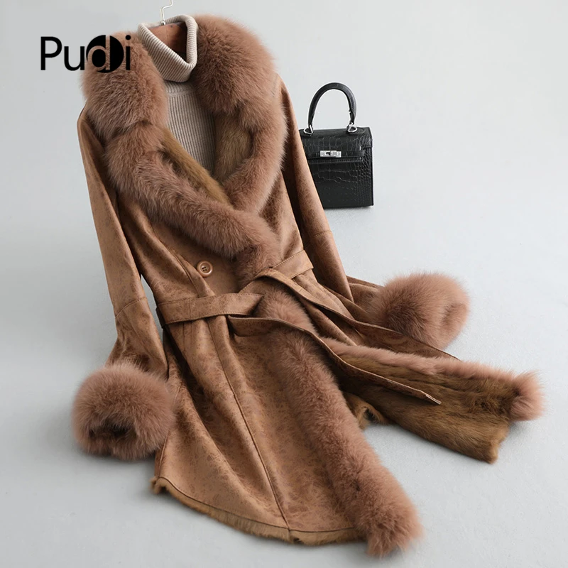 PUDI A89104 Женское пальто из полиэфирной ткани женский воротник из лисьего меха Подкладка из кроличьего меха для отдыха осень/зима шерстяная длинная верхняя одежда