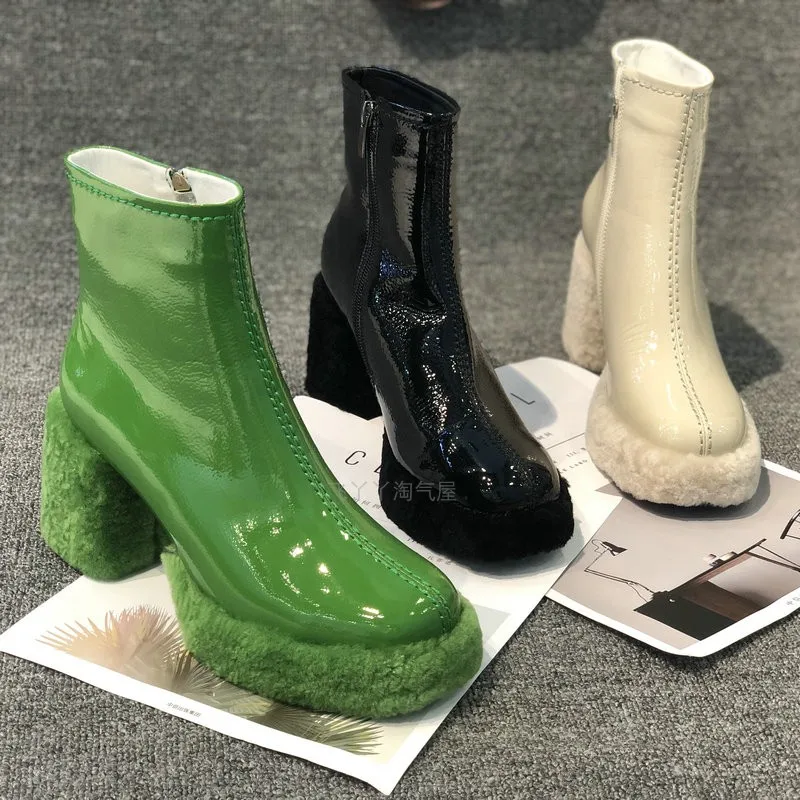 

Boots Woman High Quality Patent Leather Short Warm Boots Round Toe High Heels 7cm Fur Booties Shoes Chaussures Femmes De Mujur