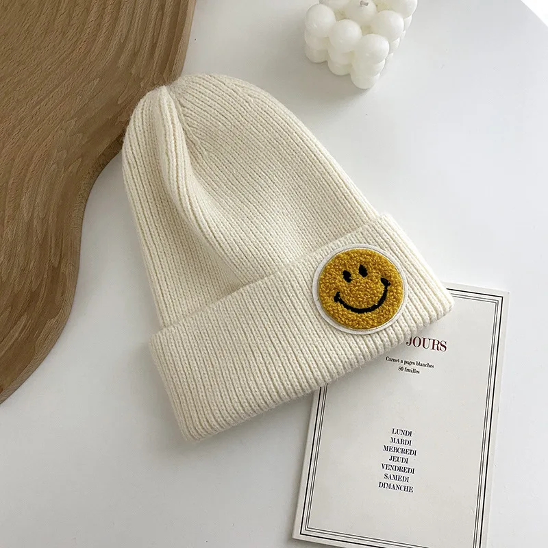 Winter Women Ladies Cute Casual  Smile Patch Knit hat Skullies Thick warm Beanie cap Bonnet Homme Gorras