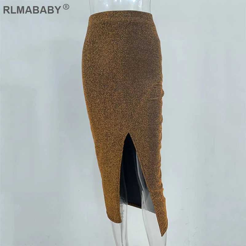 Rlmaaby, 5 цветов, Осень-зима, яркие шелковые женские юбки, тонкие, с разрезом, высокая талия, юбки, модная уличная одежда, длинные юбки