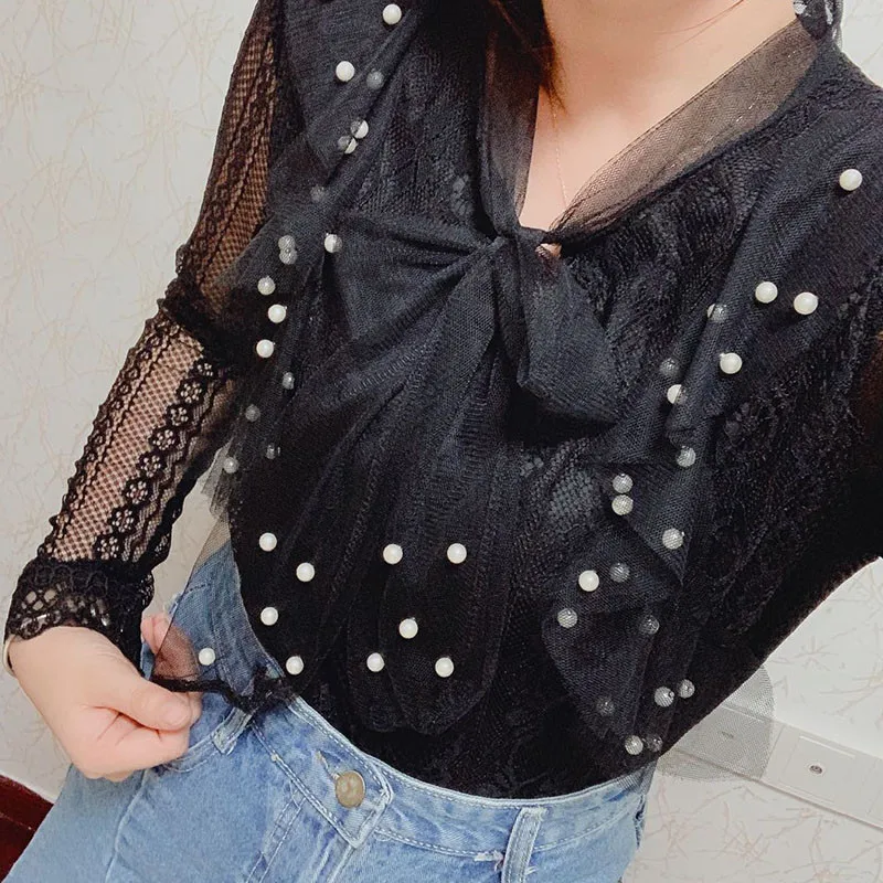 Spring Autumn Women Long Sleeve Blouse Tie Bow Hollow Out Lace Shirt Female Sweet Beading Mesh Blouses Short Bottom Tops AB1745 4