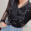 Spring Autumn Women Long Sleeve Blouse Tie Bow Hollow Out Lace Shirt Female Sweet Beading Mesh Blouses Short Bottom Tops AB1745 4