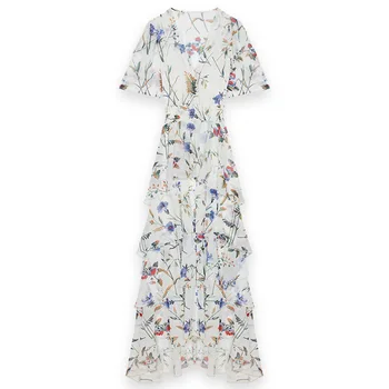 

Women Dress New V-neck Side Slit with Printed Bouquet Waist Cupcake Dress Midi Dress
