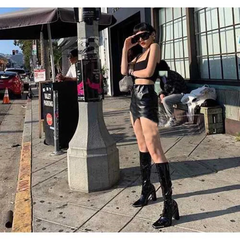 Square Toe high-heeled Women Knee High Boots 2020 Winter New Punk Thick Heel Patent Leather Short Plush Riding Boots Shoes Woman (10)