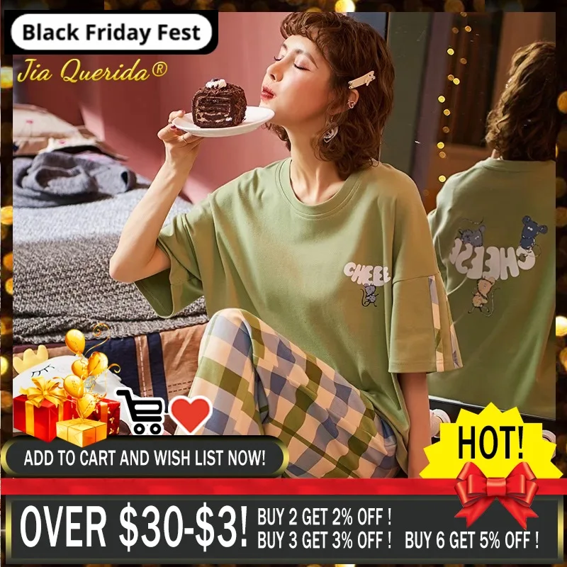 Spring Crew Neck Loose Woman Clothes Pajamas for Women Loungewear Pjs Sleepwear Short Sleeve Plaid Pants Homesuit Homeclothes | Женская