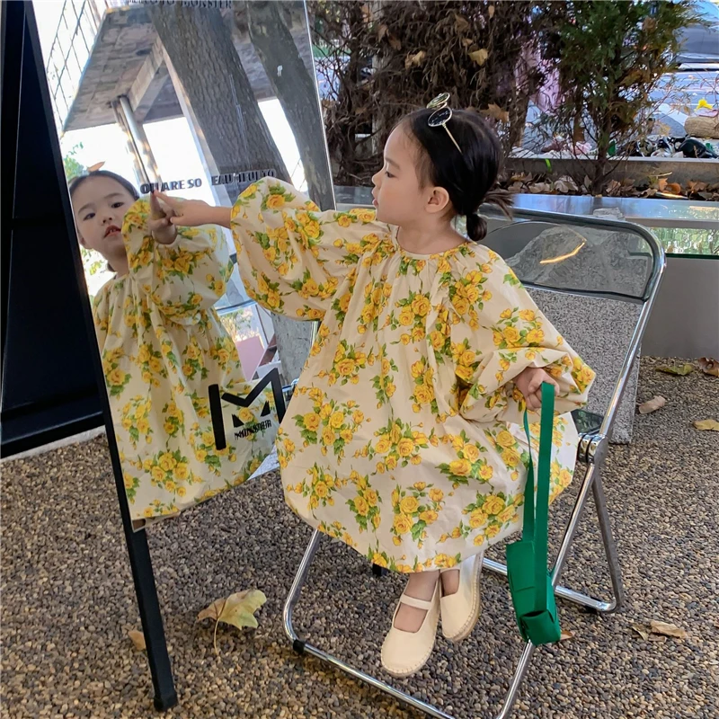 Летнее платье с длинным рукавом для девочек повседневное пляжное желтого и