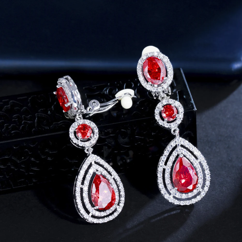 

ThreeGraces Elegant Red CZ Crystal Long Water Drop No Pierced Hole Ear Clip On Earrings for Women Wedding Party Jewelry EJ0100