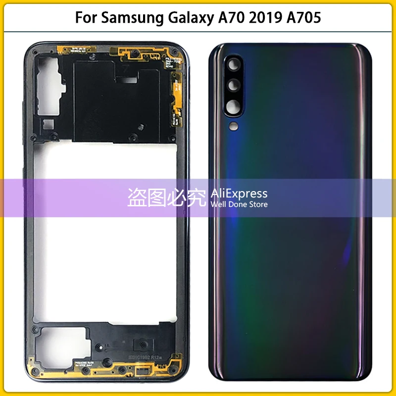 New For Samsung Galaxy A70 2019 A705 SM-A705F A705DS Housing Case Middle Frame Plate Bezel Battery Back Cover Rear Door Replace