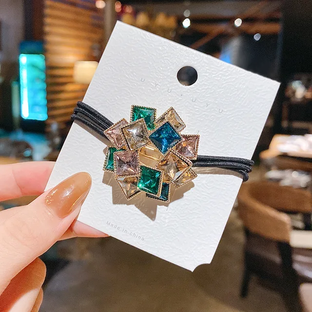 Fashion Rhinestone Hair Bands Hair Scrunchies Women Elastic Hair Bands Ties Rope Bands Ponytail Bands Hair Accessories F145 Green