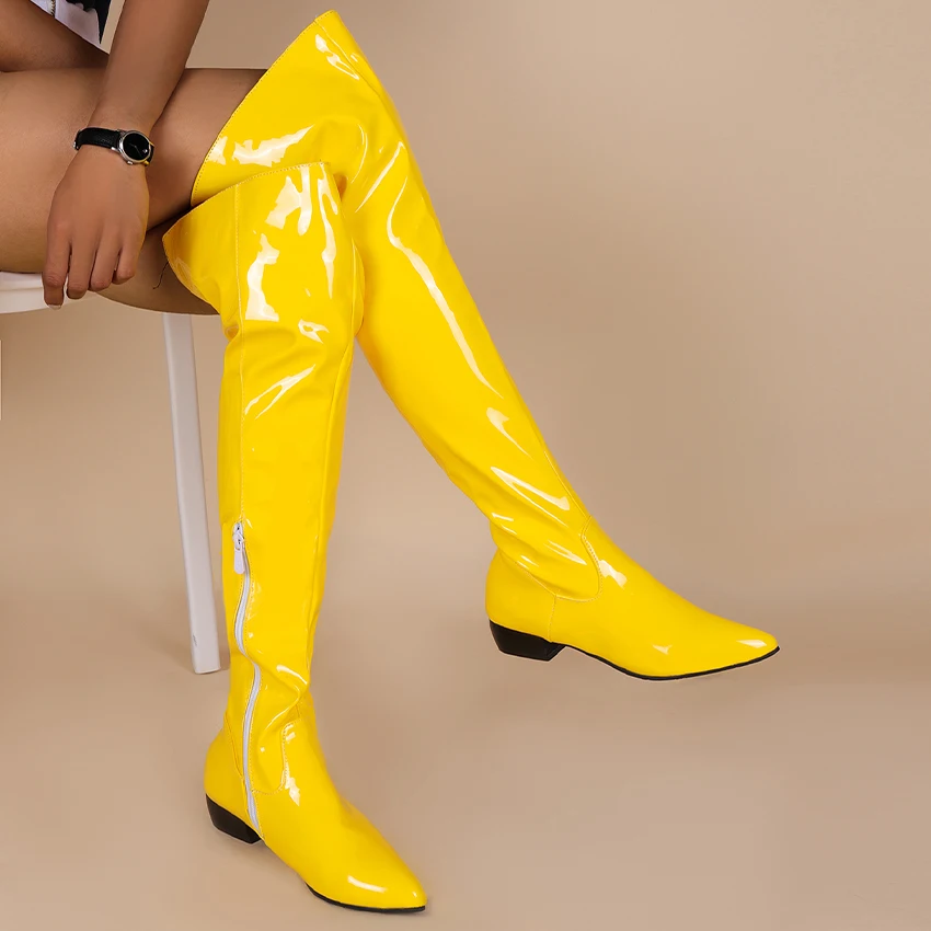 Oversized Candy-Colored Patent Leather Women's Over-The-Knee Boots Mid-Heel Pointed Toe Plush Lining Shiny Color Long Boots