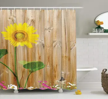

Sunflower Decor Collection, Sunflower Painting on Wooden Background Vertical Timber Countryside Fence Landscaped Image,