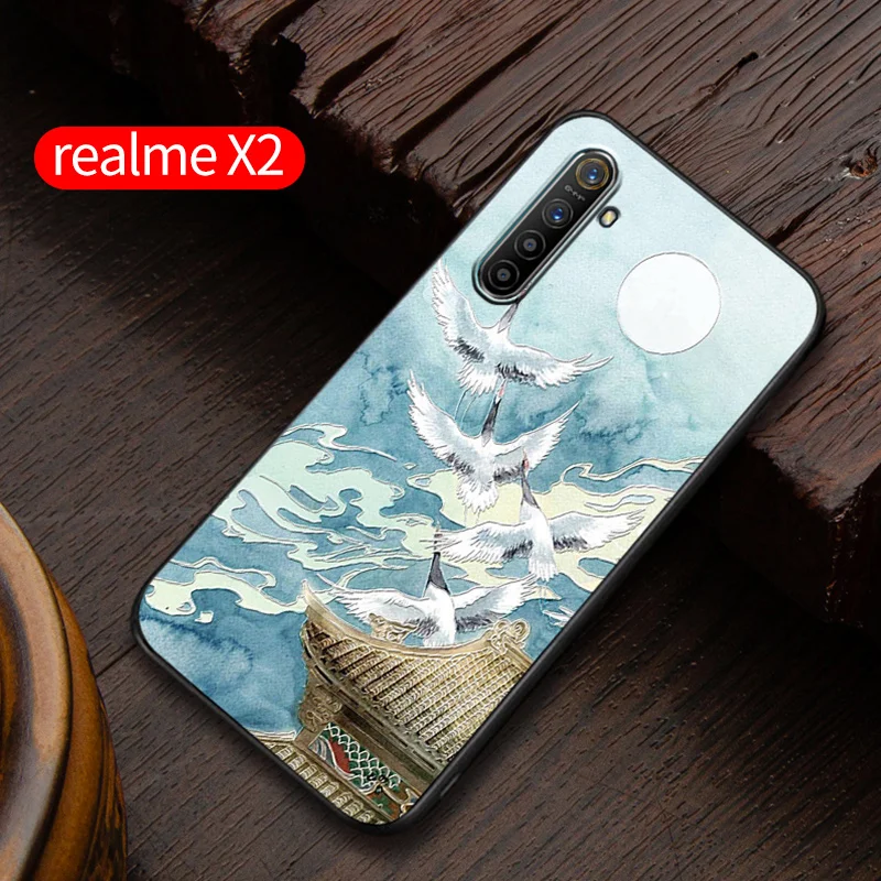 realmeX2 Embossed vintage East Asian Chinese Japanese style case For realme X2 X2 PRO Snow Mountain Decree Crane cover - Цвет: 3 X2