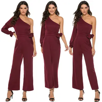 

Sexy Women One Shoulder Jumpsuit Wide Leg Pants Trousers Rompers Belt Casual ClubWear Party Overalls Solid Color Outfits Fashion