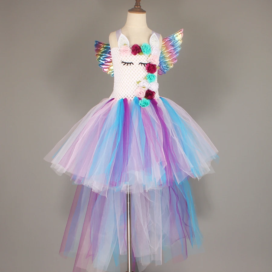 Kids Pastel Rainbow Unicorn Princess Tutu Dress Girls Halloween Pageant Costume Kids Tulle Train Unicorn Birthday Ball Gown Dress  (10)