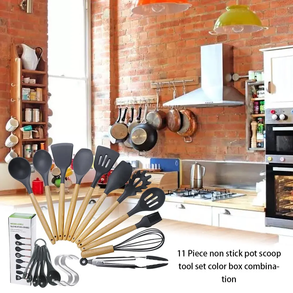 11Pcs Kitchen Utensils Wooden Handle Stainless Steel Cooking Set Pliers Whisk Slotted Spoon Soup Spoon Cooking Tools