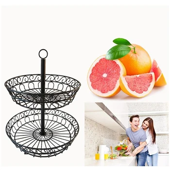 

New Wrought Iron Double-layer Fruit Basket Kitchen Restaurant Storage Foldable Fruit Storage Basket Kitchen Accessories