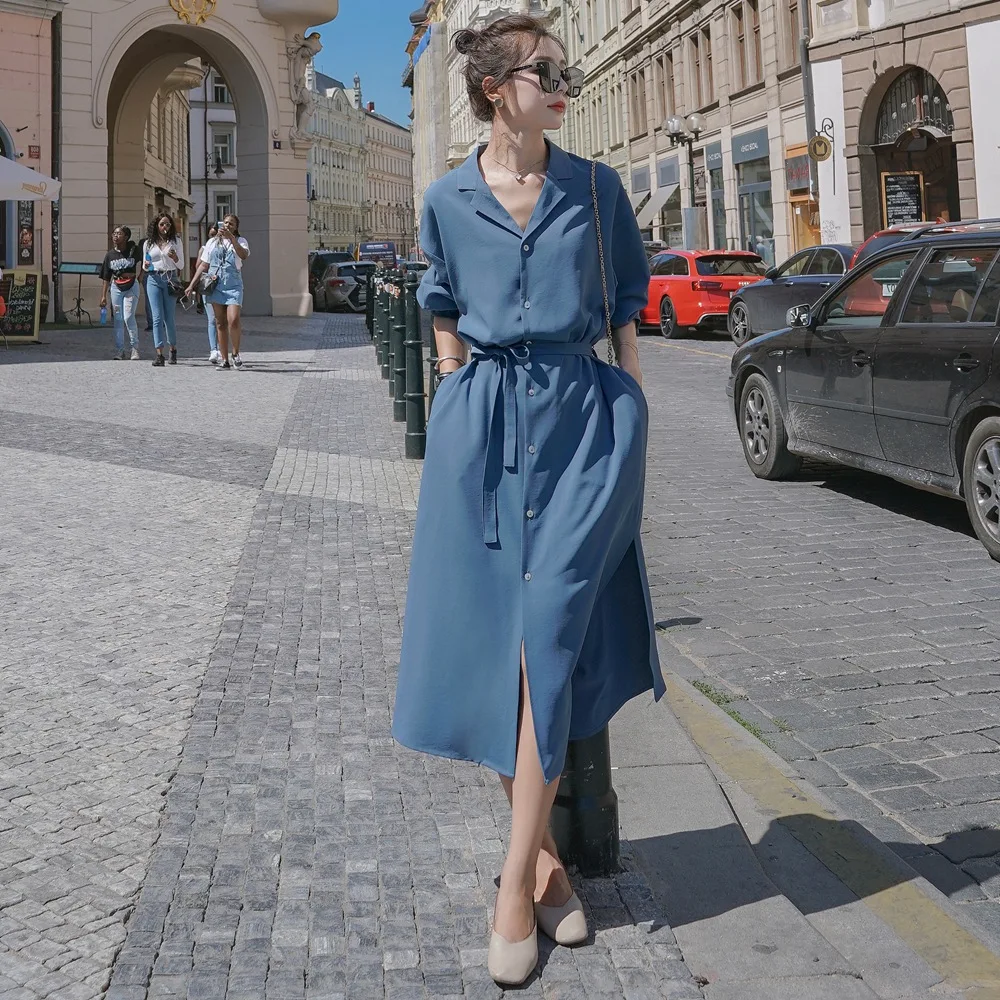 

France Non-mainstream Platycodon Grandiflorum Shirt Dress 2019 Autumn New Style WOMEN'S Dress Retro CHIC-Style Shell Button Wais