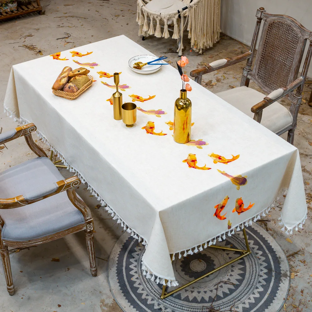 Embroidery Decorative Linen Tablecloth With Tassel Waterproof Oilproof Rectangular Wedding Dining T