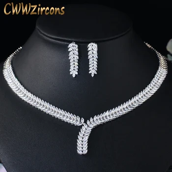 

CWWZircons Gorgeous White Gold Color African Nigerian Design Fashion Bridal Wedding CZ Crystal Jewelry Set for Women Party T035