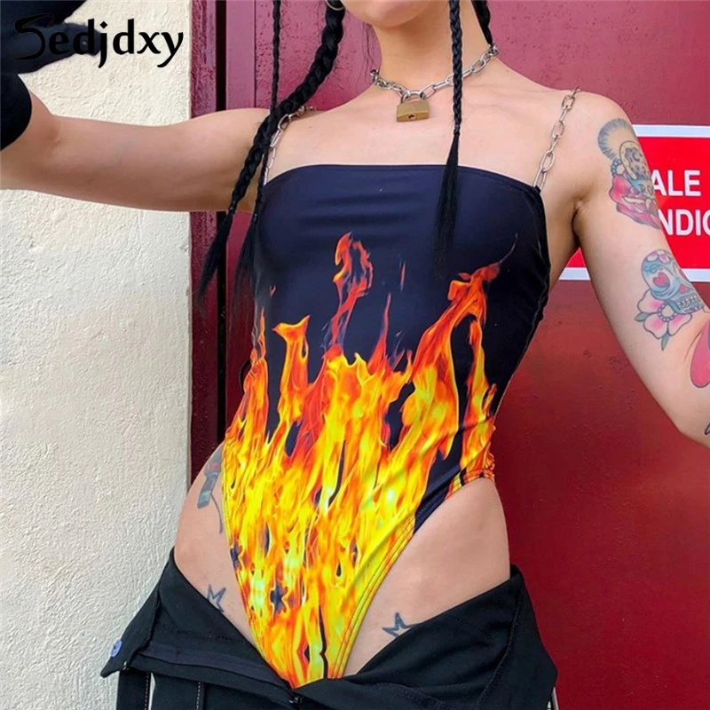 

Fashion Summer Women Print One Piece Rompers Bodysuit Sexy Strap Streetwear Clothes Body Party Festival Club Bodycon