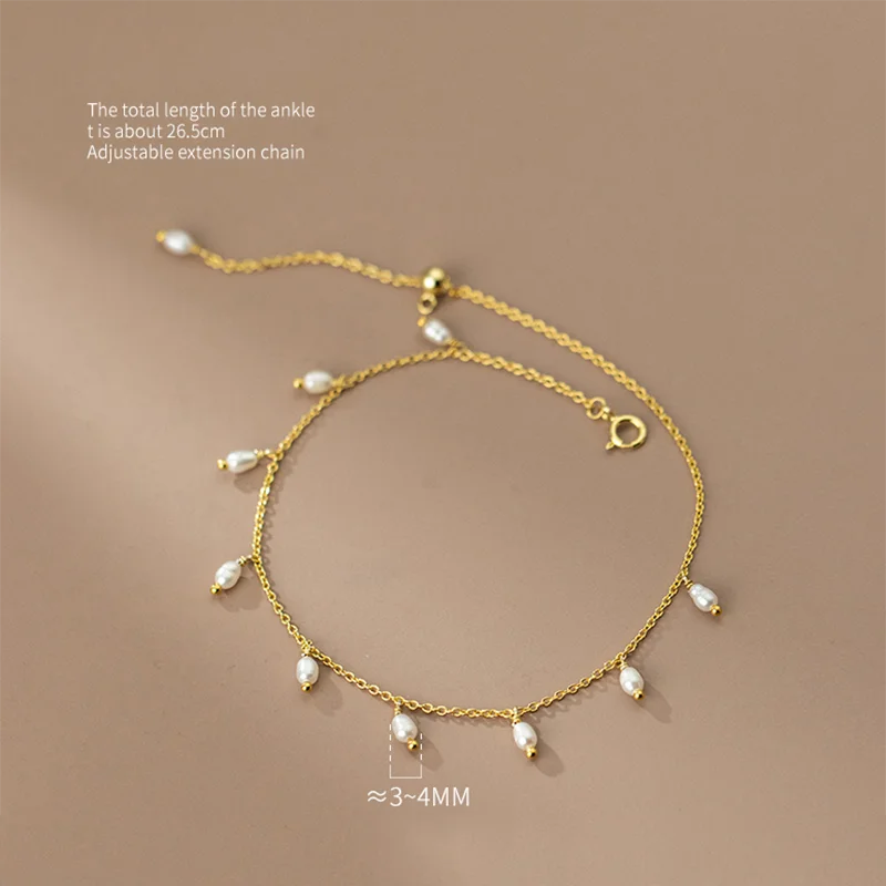 Anklet Bracelets Silver Anklets Ankle Chain WANTME 925 Sterling Silver Fashion Simple Chain Baroque Pearl Tassel Anklet for Women Elegant Wedding French Jewelry Accessories