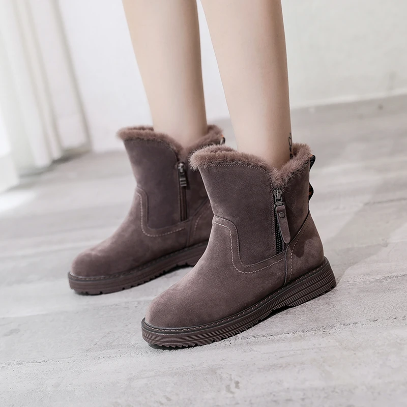 Winter New Women Suede Plush Lining Ankle Fur Snow Boots Flat With Black/Brown Zipp Emu Boots Fashion Cotton Shoes