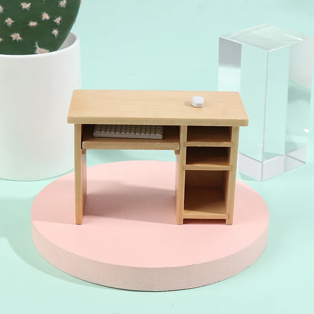 1 Set 1/12 Dollhouse Miniature Desk With Keyboard And Mouse Wooden Toys Dollhouse Furniture For Dollhouse Decals 2