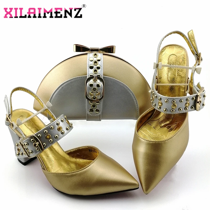 

Latest 2019 Nigerian Design Italian Shoes and Bag Set Pointed Toe African Royal Paty Matching Shoes and Bag in Golden Color