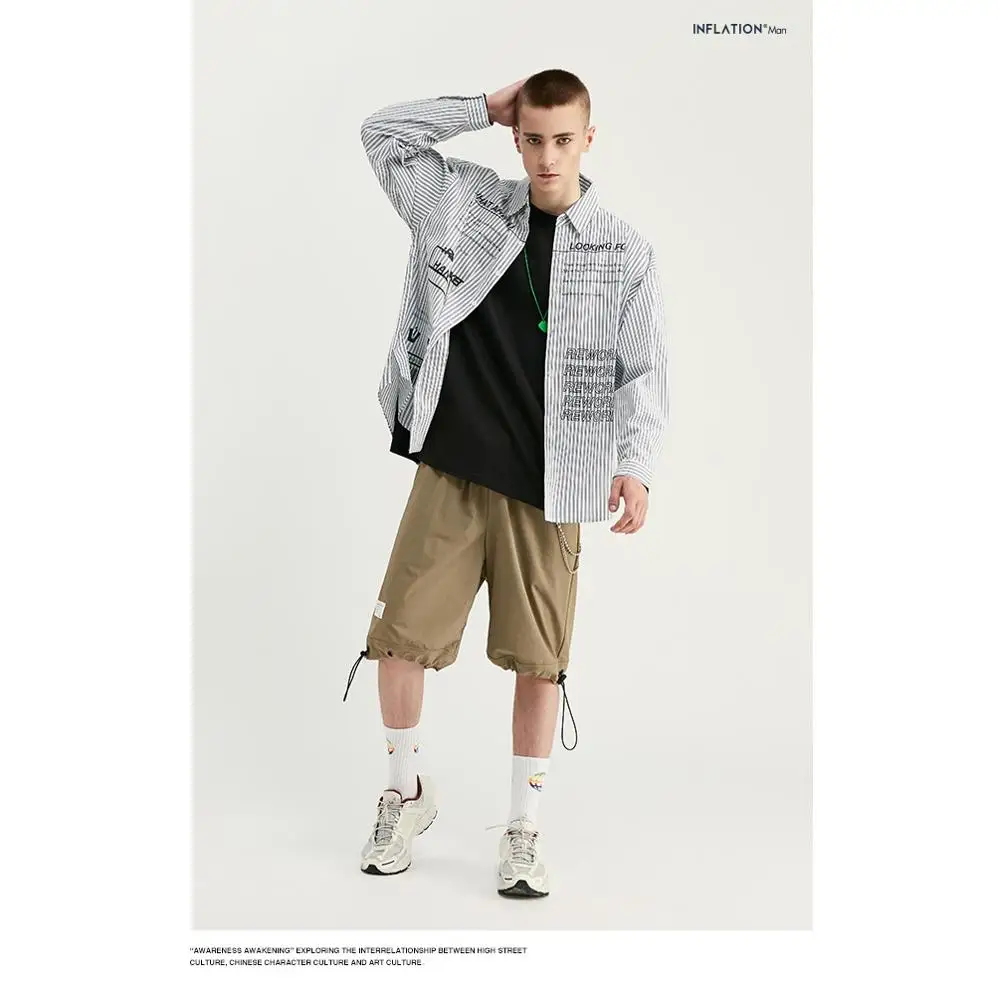 Мужская рубашка, длинная, chemise homme, осень-весна, быстрая мода, повседневная рубашка в полоску, с принтом, свободный стиль - Цвет: Бежевый