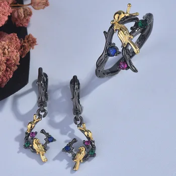 

NPKDS New Luxury Exquisite Animal Snail Climbing Tree Bird Branch Jewelry Ladies Engagement Wedding Gift Ring Earrings