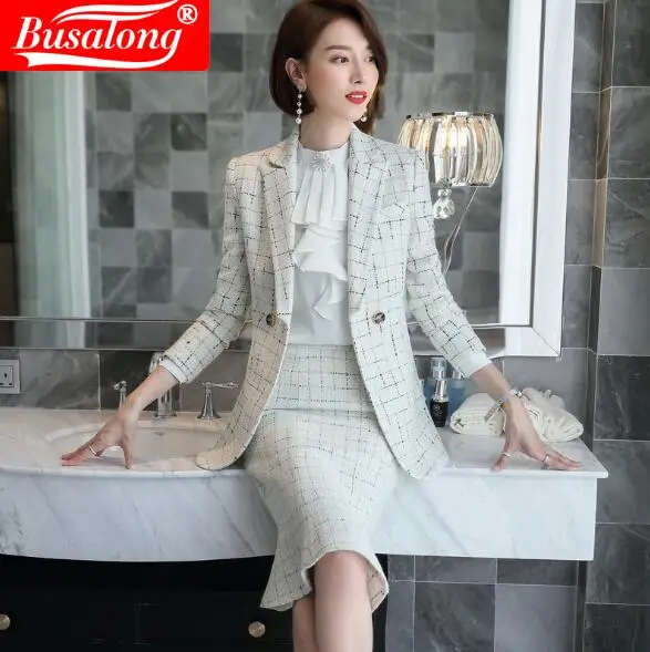 white coat and skirt Профессиональная женская длинная куртка и юбка, клетчатый белый блейзер, комплект с юбкой, модный темперамент, Офисная Женская спецодежда больших размеров - Цвет: white coat and skirt