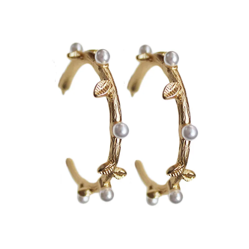 Silver Gold Color Metal Round Imitation Pearl C Shape Leaf Open Alloy Minimalist Hoop Earrings For Women Party Wedding Jewelry