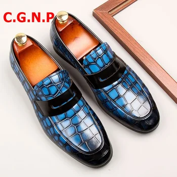 C · G · N · P-Mocasines de piel auténtica con estampado de cocodrilo para Hombre, zapatos de vestir, Mocasines azules para baile de graduación