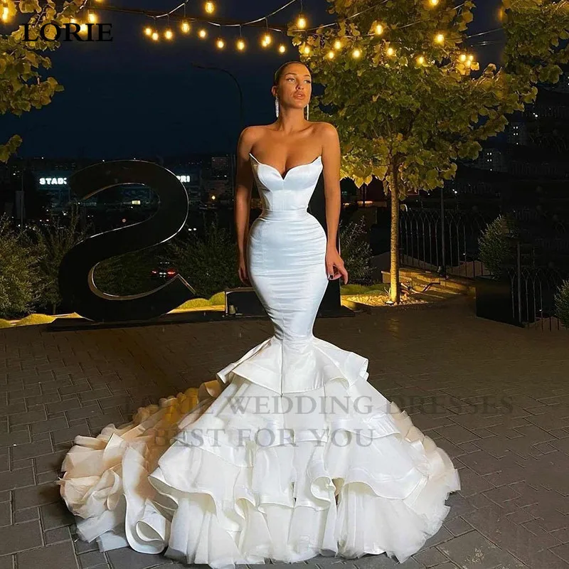 

LORIE Свадебные платья без бретелек Русалка с V-образным вырезом в несколько рядов женское платье со шлейфом атласное свадебное платье
