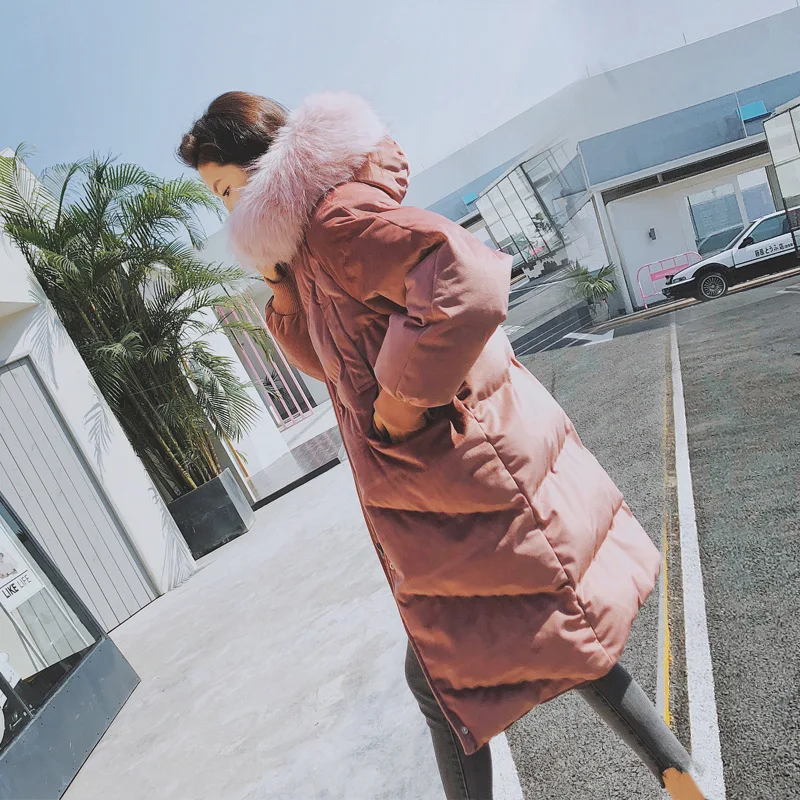 AYUNSUE Winter Jacket Women Korean Long Coat Female Parka Puffer Velvet Padded Jacket Large Fur Collar Warm Loose Parkas KJ3461 - Цвет: Pink