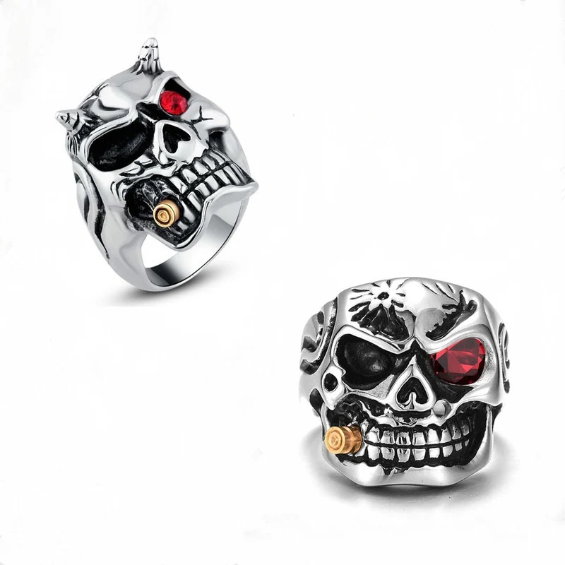 

Gold Color Smoking Pipe Biker Men's Rings Rock Punk Skull Rings Red Zircon Eye Plating Rings Men Fashion Jewelry Gifts Wholesale