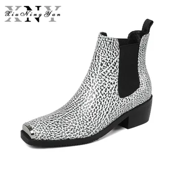 

Xiuningyan Fashion Women's Boots Genuine Leather Female Ankle Boots Platform Metal Toe Square Heel Handmade Chelsea Boots Woman