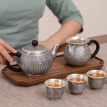 

925 sterling silver kettle set combination sterling silver 999 tea set household kung fu tea set handmade silver pot cup