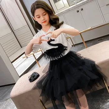 

New Summer Kids Clothes Girls Cartoon T-shirt+Cake Skirts Suits Children Short Sleeve Clothing Sets Girls Princess Outfits