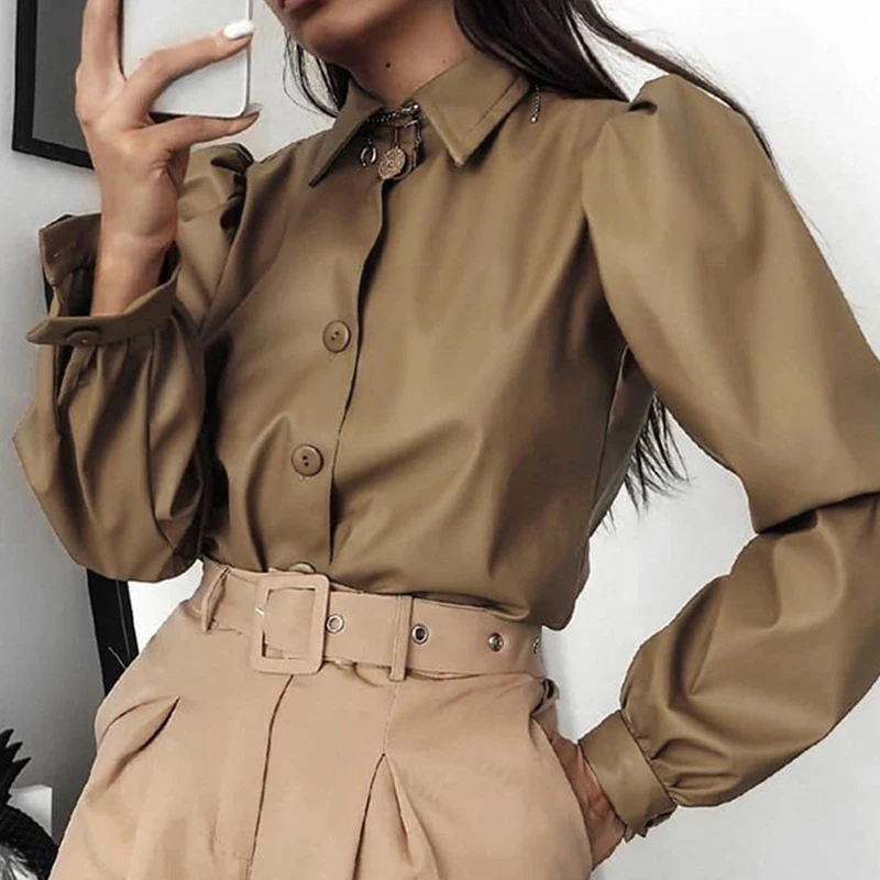 02 Khaki Spring Autumn Leather Women Blouse Casual Vintage Long Sleeve Shirt Blouse Elegant Turn-Down Collar Button Tops Blusa Streetwear - Цвет: 02 Khaki
