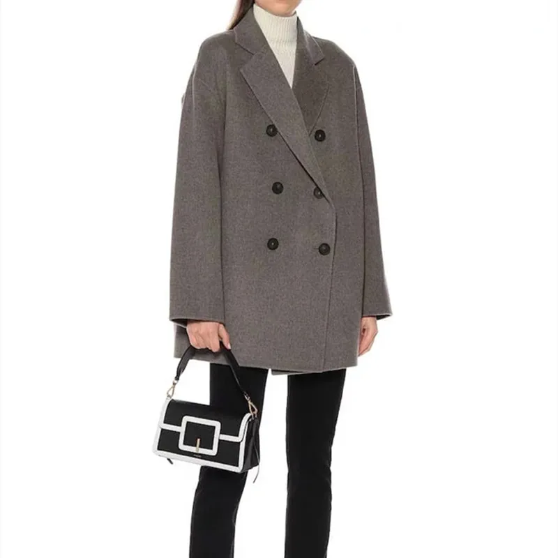 

Women's Solid Color Wool-Blend Coat Double-Breasted Turn-down Collar Long Sleeve Jacket with Pockets Autumn Winter