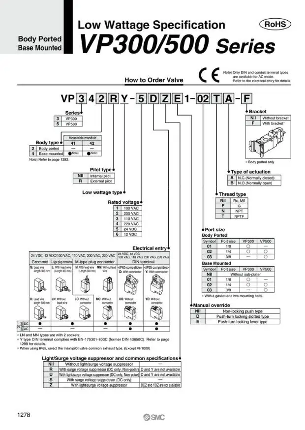VP342-4DZD1-02A SMC соленоидный резиновый клапан уплотнение 3 порта/Пилот Poppet тип Корпус порт ed/одиночный блок VP VP300 серия пневматический