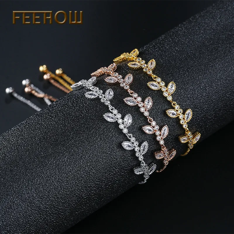 FEEHOW, высокое качество, Marquise Cut, прозрачный CZ циркониевый браслет и браслеты для женщин, подарок, модный, кристалл, камень, лист, ювелирное изделие, FWBP061