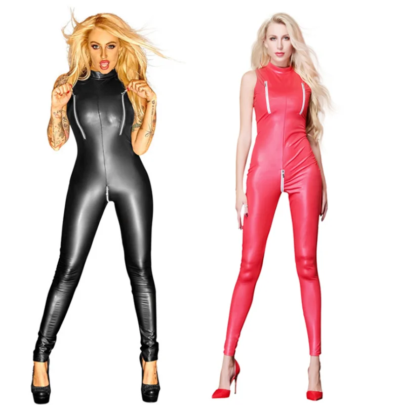 Plus Size S-XXL Women Sexy Sleeveless PVC Catsuit Faux Leather Latex Bodysuit Crotch Zipper Jumpsuit Costumes Game Uniforms 2021 hot 2 way zipper sexy women faux leather bodysuit pvc catsuit erotic wet look sexy club jumpsuit dance wear erotic latex catsuit