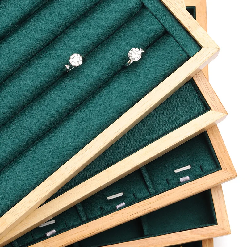 New Arrival Green Flannel Wooden Frame Jewelry Organizer Jewellery Storage Box Rings Earrings Holder Necklaces Stand Wholesale