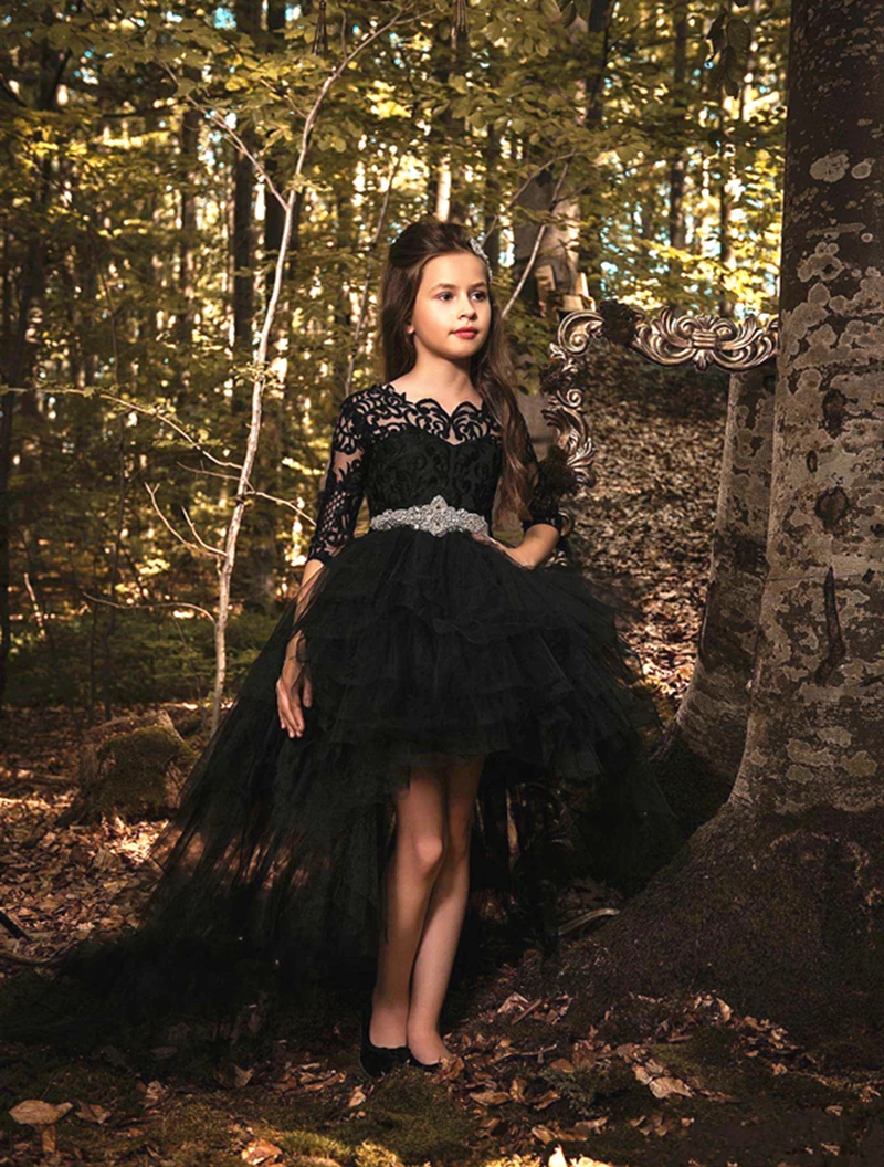 Black Girls Pageant Dress Lace Appliques Princess A Line High Low Half Sleeves Crystal Belt Tiered Flower Girls Dress