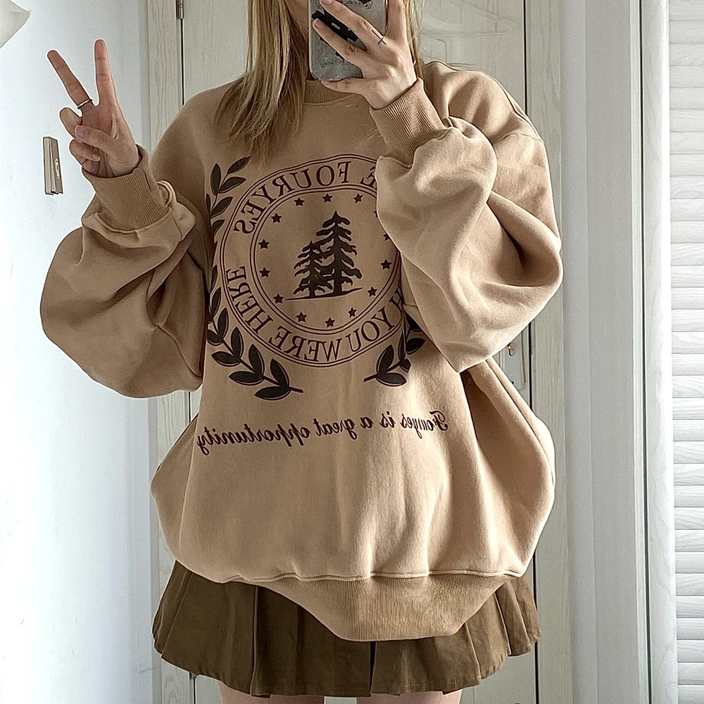 

Vintage Letter Print Light Brown Sweatshirt Women American Style Oversized Streetwear Warm Winter Tops O-neck Korean Fashion Y2K