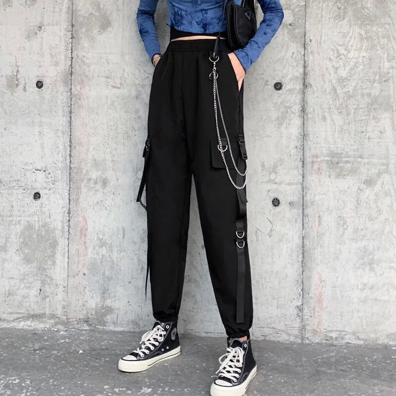 jean capris Gothic Women Cargo Pants Black Joggers High Waisted Harajuku Harem Pants Punk Goth Techwear Chain Trousers Female Hip Hop hot pants