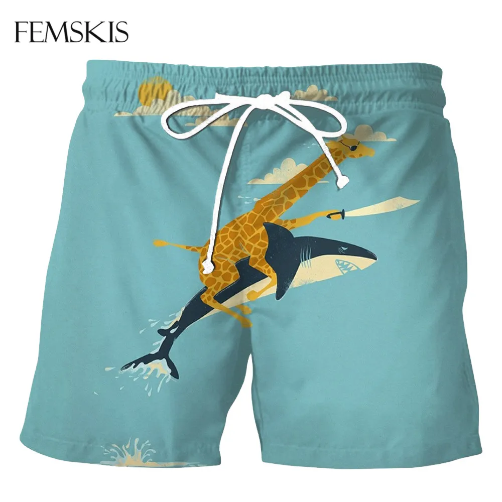 

FEMSKIS Casual Beach Shorts Fashion Cartoon Giraffe Shark 3D Print Men Women Summer Fitness Boardshorts Funny Clothing
