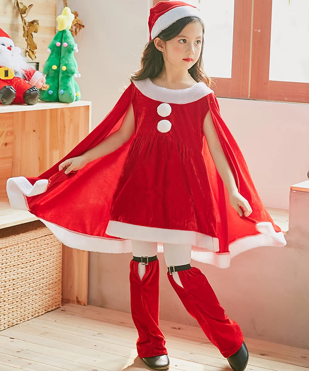 

Santa Costume for Girls Child Christmas Dress Match with Shorts and Hat Halloween Cosplay Party Outfit Cute Snowball Dress Girls